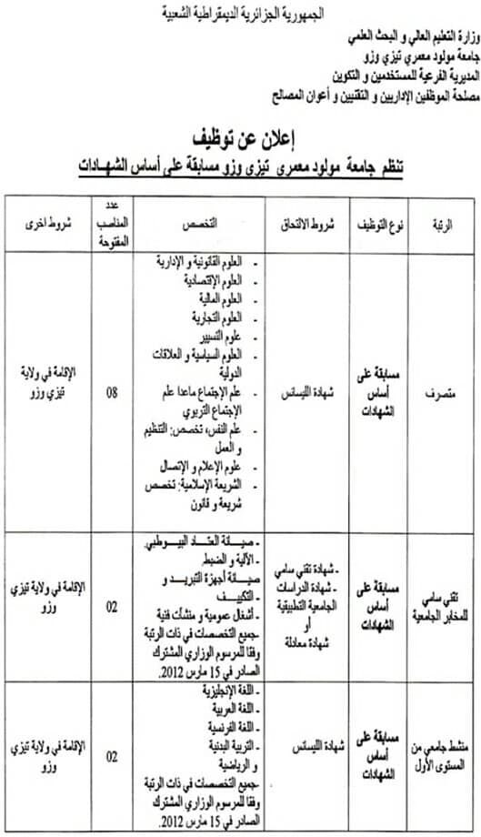 اعلان توظيف بجامعة مولود معمري بولاية تيزي وزو نوفمبر 2019