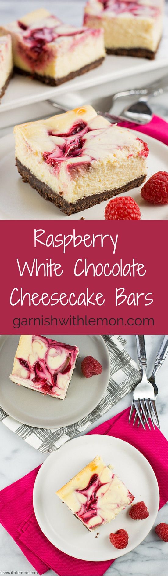 Raspberry White Chocolate Cheesecake Bars ~ http://www.garnishwithlemon.com