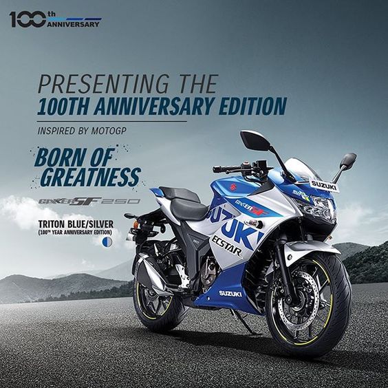 It’s our 100th anniversary and we\'re adding some colour to our celebrations!⠀ ⠀ Presenting the all new Suzuki GIXXER SF 250 in Triton Blue/Silver Colour - The 100th anniversary edition.⠀