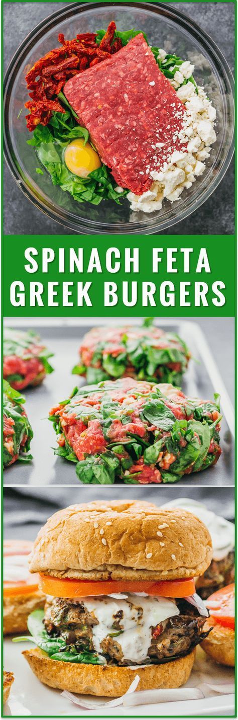 These healthy Greek burgers are made using ground beef mixed with spinach, feta, and sun-dried tomatoes, plus drizzled with a delicious tzatziki sauce. easy, recipe, turkey, garlic, lamb, chicken, 21 day fix, sides, sauce, seasoning, toppings, mediterranean, dinner, lunch, grilling, summer via @savory_tooth