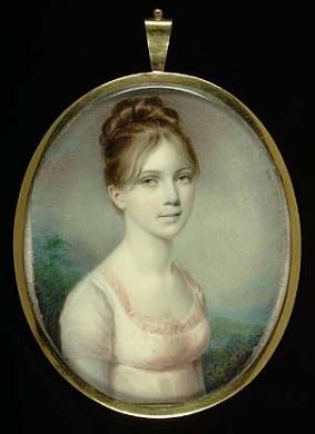 Henry B. Bounetheau's Aunt by Edward Greene Malbone, ca. 1804, Smithsonian American Art Museum. One of my favorite miniature portraits in the collection of over 400. Miniature portraits of watercolor painted on ivory were popular before the advent of photography. The size is about 3 x 4 inches. The details of the sitter's skin tone, hair style, clothes, and gaze are exquisite.