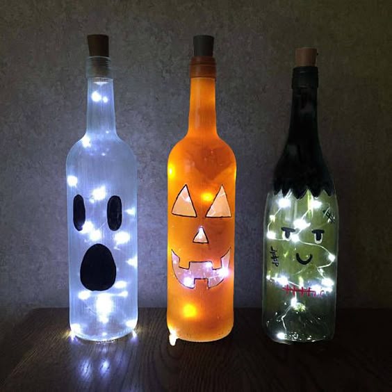 Halloween Wine Bottle Decorations with Lights - Ghost, Pumpkin, Frankenstein