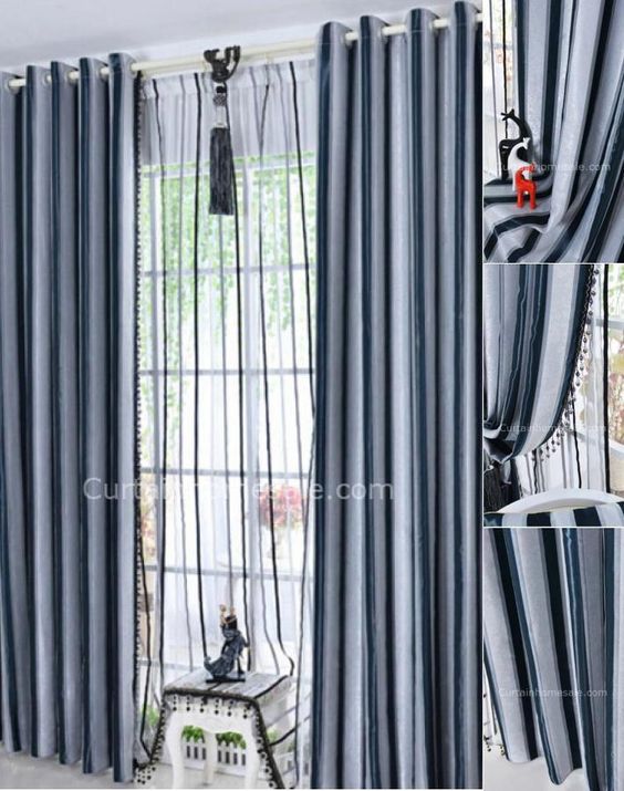 Dark Navy Blue And Gray Striped Pattern Thick Suede Modern Curtain Smallspaces Modern Curtains Dark Blue Drapes Stripes Pattern