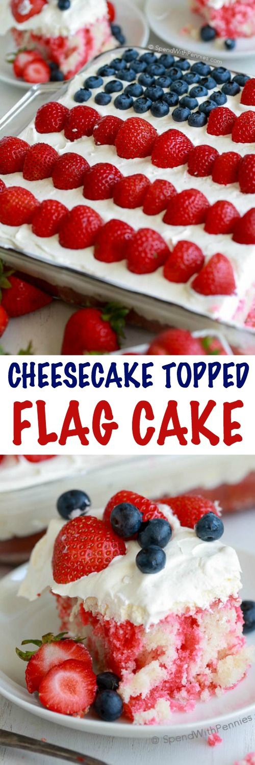 Flag Cake with Cheesecake Topping is the perfect dessert for your 4th of July parties! The recipe comes together easily with your favorite white boxed cake mix and the addition of a few simple ingredients. The cheesecake topping on this cake will have everyone asking for the recipe. It's rich and light at the same time without being overly sweet!