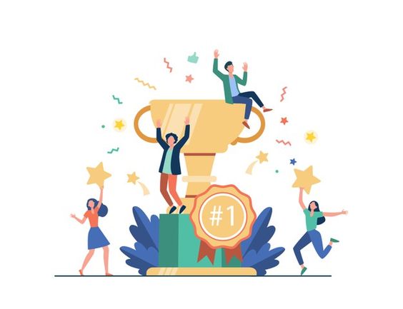Download Team Of Happy Employees Winning Award And Celebrating Success Business People Enjoying Victory Getting Gold Cup Trophy Vector Illustration For Rewar Happy Employees Celebrating Success Vector Free