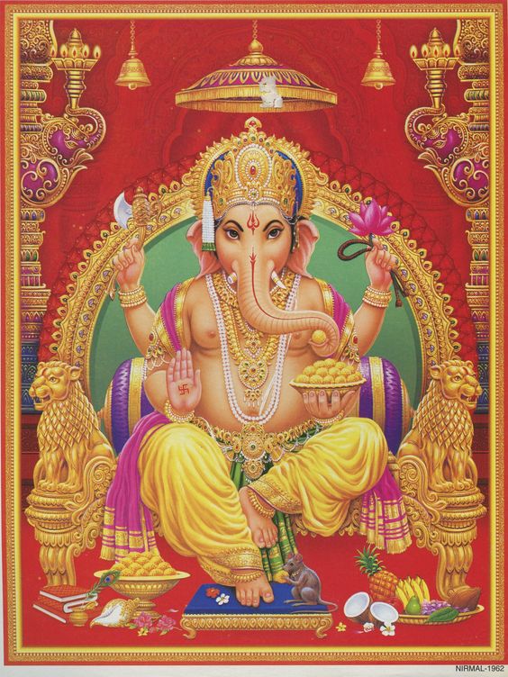 Ganesh upon his throne and offering a blessing. Vintage-style Indian devotional print. In excellent clean condition. 11.25 by 8.5 inches. Thin white border surround. $4 domestic shipping, overseas $16. Flat rate for any number of prints.