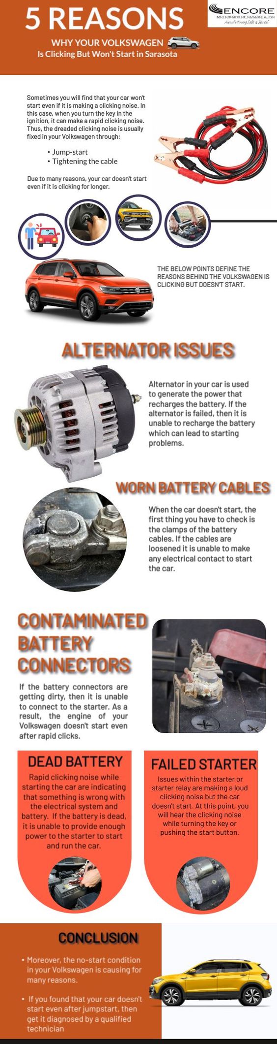 When people are in a hurry, they found find that their car won\'t start even after a long clicking sound. At this point, when they are putting the key in the ignition and turning it, it will make some rapid clicking noise but doesn\'t start the engine at all. Go through the infographics to know about the reasons behind your Volkswagen making a clicking noise but doesn\'t start.