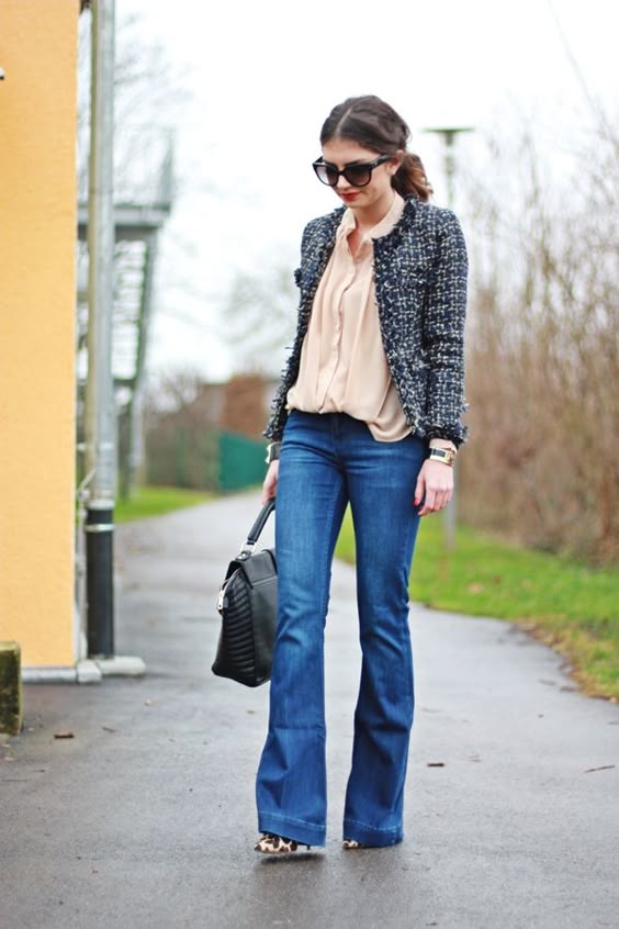 I like the wide leg jeans and the jacket. The blouse is a little to frilly and too pale a pink for me I think