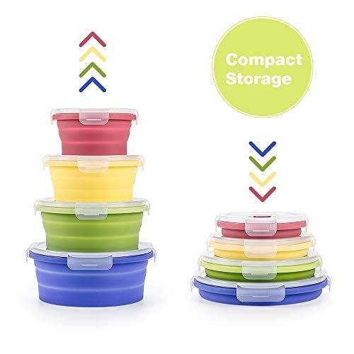 Verde 4 Pcs Recipientes de Silicona Plegable Redondo Fiambrera de Silicona Plegable de Silicona Recipientes para Alimentos Contenedores de Almacenaje de Silicona Plegable Ahorro de Espacio