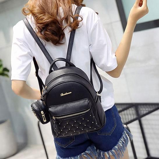 Women Girls Black Small Backpack Solid Faux Leather Casual Shoulder Bag MP