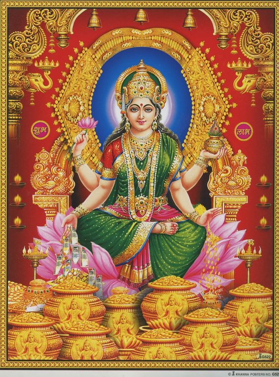 Lakshmi dispensing her bounty. Vintage-style Indian print. In very good clean condition. Has thin white border. Paper size: 11.25 by 8.85 inches. $4 domestic shipping, overseas $16. Flat rate for any number of prints.