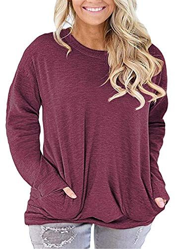 PLOKNRD Women Casual Round Neck Long Sleeve Fit Tunic Top Baggy Comfy Blouse with Pockets
