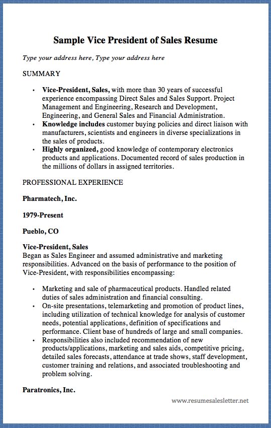 Sample Vice President of Sales Resume Type your address here, Type - vice president of sales resume Sample Vice President of Sales Resume Type your address here, Type - vice president of sales resume