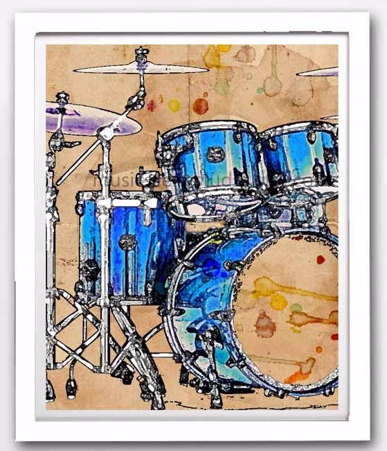 DRUMS Contemporary Watercolor Abstract DRUM SET ART Print by Artist DJR