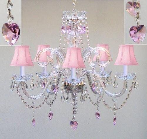 Chandelier Lighting WCrystal Pink Shades & Hearts! H25 Chandelier Lighting WCrystal Pink Shades & Hearts! H25