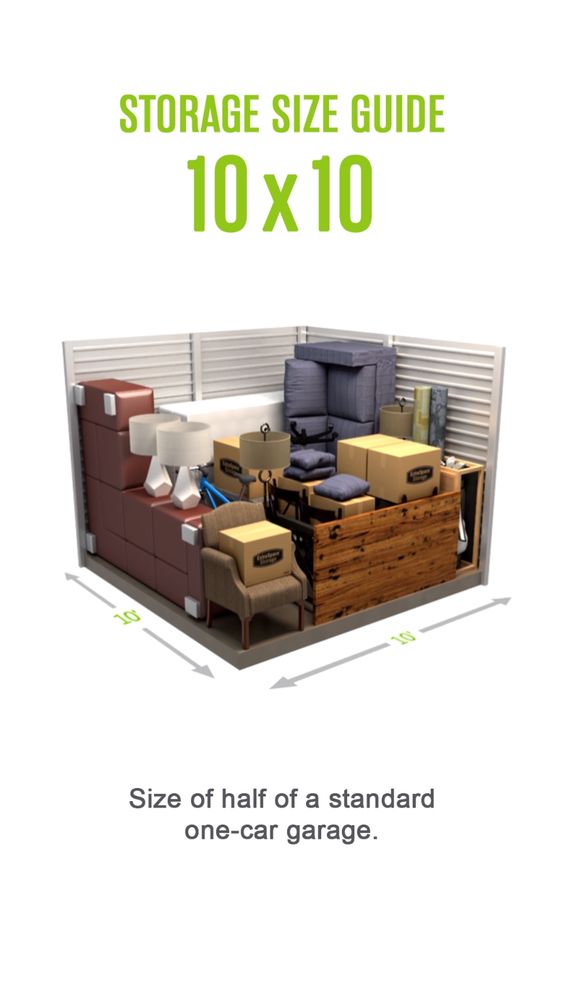 Self-storage size guide for a 10x10 storage unit. Size of half of a standard one-car garage. #selfstorage #selfstoragetips #storagetips #sizeguide #extraspacestorage