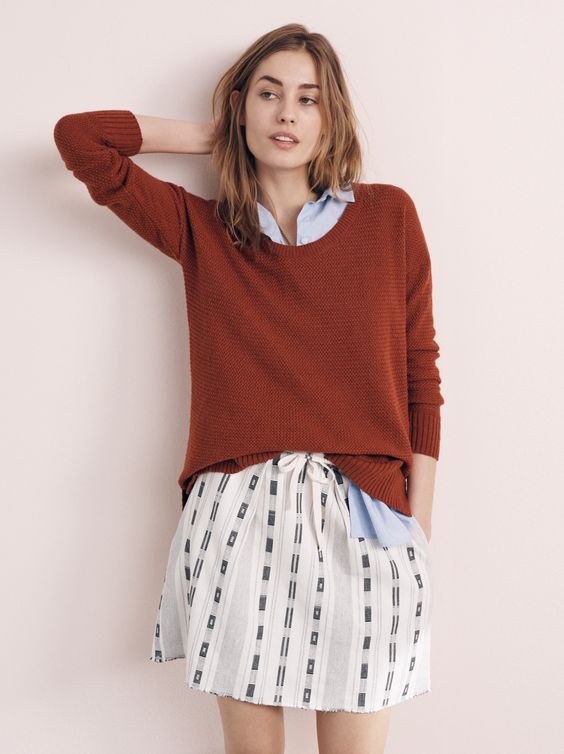 madewell chronicle sweater worn with the composer shirt + summer jacquard skirt.