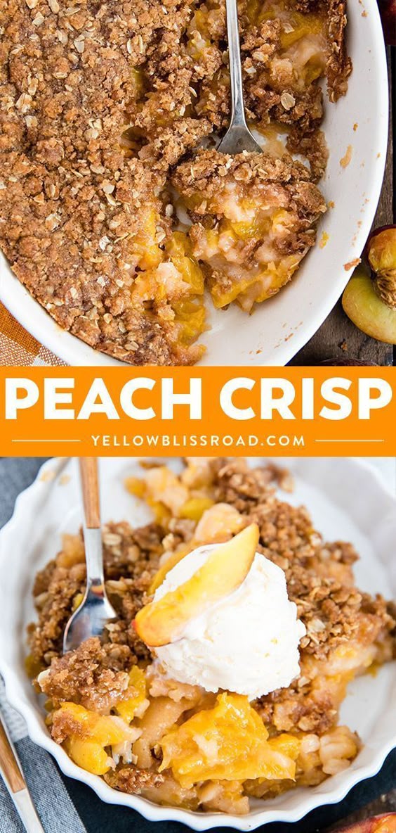Peach Crisp is a sweet and delicious summer dessert recipe with fresh peaches and a crisp oat topping. #yellowblissroad #dessert #peaches