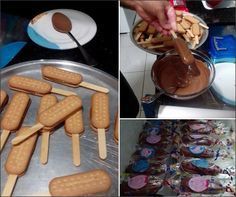 bolacha no palito - Pegue 2 bolachas maisena e recheie com brigadeiro. Coloque um palito em uma das partes até a metade da bolacha. Coloque a outra bolacha por cima. Aperte delicadamente para colar as 2 partes. Passe uma faca nas laterais da bolacha para retirar o excesso de brigadeiro que pode ter saÃdo pra fora. Passe as bolachas no chocolate derretido. Coloque o chocolate granulado por cima. Coloque os palitos em pé em cima de uma caixa de papelão, isopor ou se não tiver, em cima de pa