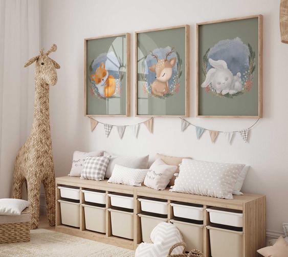 "Add some beautiful artwork to your baby\'s nursery or home with this green forest animals wall art set of 3 prints. This set features three prints each with a different forest animal sleeping amongst the forest floor brush. This makes a great addition to a home or baby\'s room and is perfect for any child to grow into for many years. This print does not come framed. The following sizes are printed on bright white premium luster 270 GSM photo paper. 5\\"x7\\" 8\\"x10\\" 11\\"x14\\" It\'s printed on satin