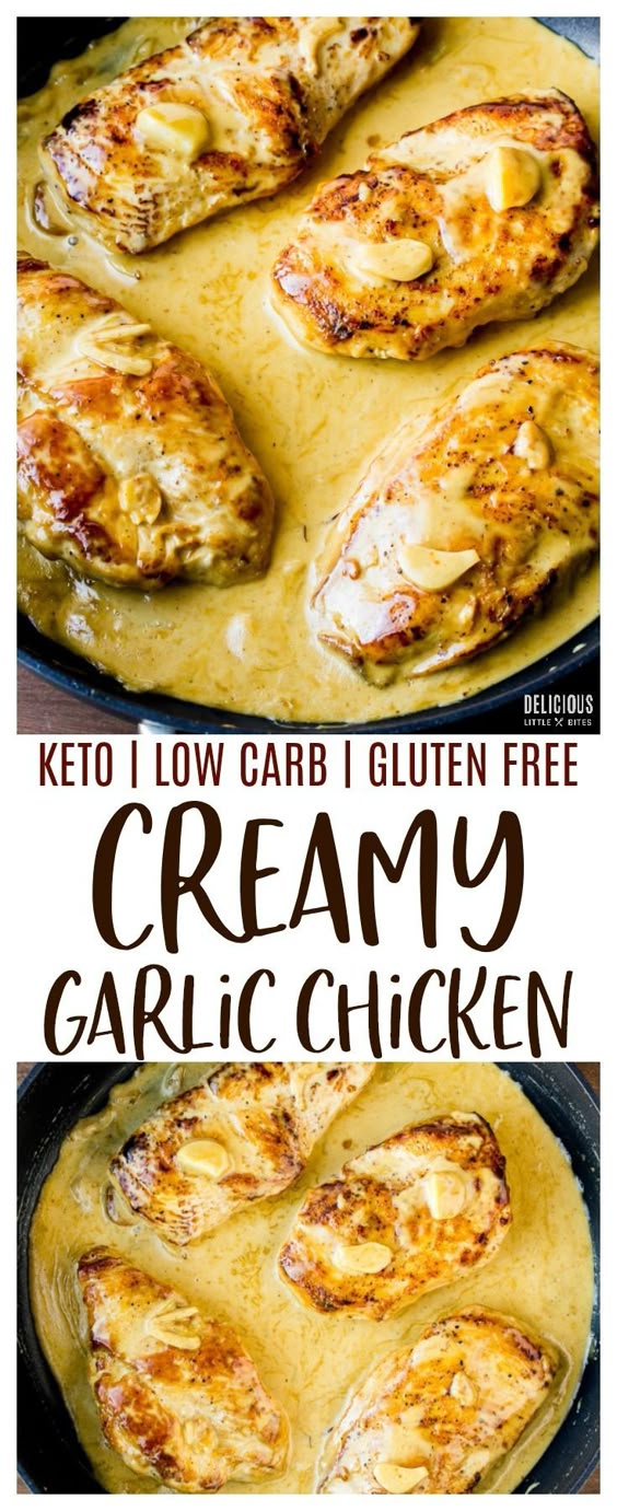Creamy Garlic Chicken - a low carb dinner recipe made with just a handful of ingredients and on the table in about 30 minutes. Pan-seared chicken is topped with a rich, creamy garlic sauce. It's perfect for those following keto or gluten free diets. Pair with broccoli or mashed cauliflower for a complete low carb meal! | #dlbrecipes #chicken #garlicchicken #keto