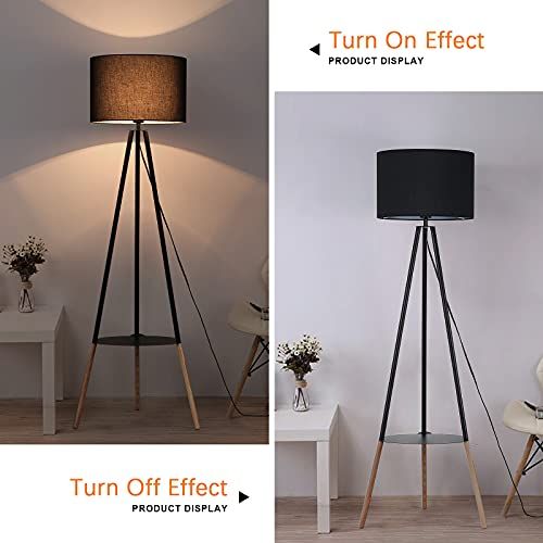 Modern Tripod Floor Lamp With Shelf For Living Room Mid Century Table Attached Standing Lamps Bedroom Wooden Lighting Industrial Black Fabric Lampshade Fo In 2022 Shelves Modern Tripod Floor Lamp With Shelf For, Tripod Plant Floor Lamp