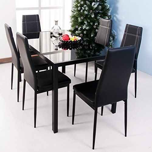 Merax 7 Piece Dining Set Glass Top Metal Table 6 Person Table And Chairs Homedecor Decor Dining Room Sets Modern Dining Room Tables Modern Dining Room