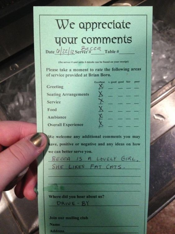 restaurant survey card