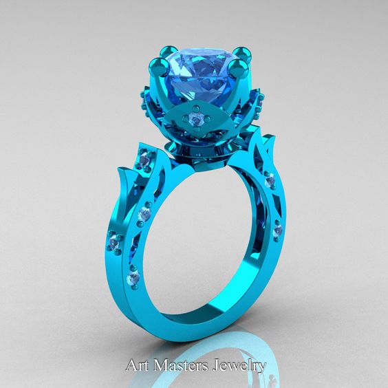 Modern-Antique-14K-Turquise-Gold-White-Blue-Topaz-Solitaire-Wedding-Ring-Bridal-Set-R214S-14KTGBT-P