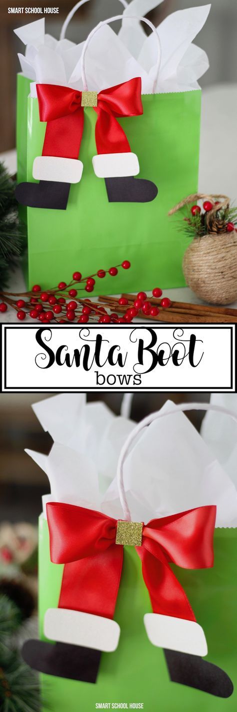 If you're wrapping gifts for kids this year, you must add some decorative Santa boot bows to them! #DIY #ChristmasIdeas #ChristmasGiftIdeas