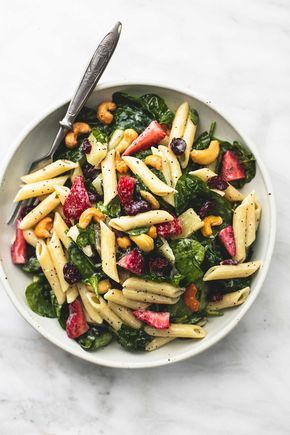 Strawberry Spinach Pasta Salad with Orange Poppy Seed Dressing