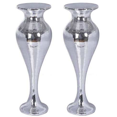3 5ft Silver Polystone Mirror Mosaic Trumpet Floor Vase Large Mirror Mosaic Trumpet Floor Vase, Silver Polystone Mirror Mosaic Trumpet Floor Vase