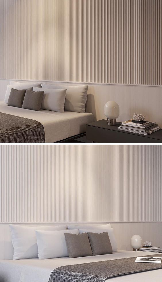 A Wall Of Wood Dowels Creates A Calm Texture For This Bedroom