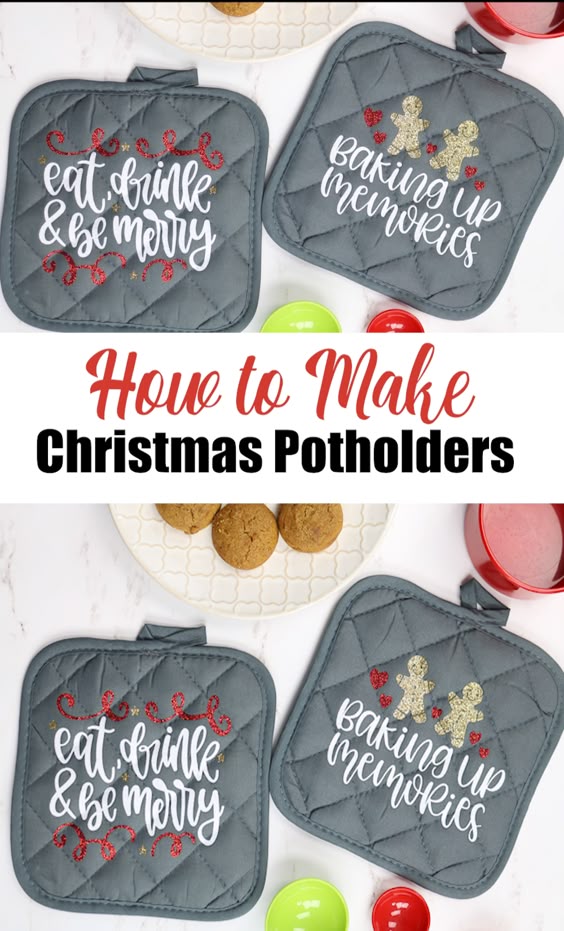 Want a quick and easy Christmas gift idea? Make Christmas potholders! Add them to a gift basket and you have a cute gift idea that everyone will love! Plus they are super inexpensive to make! Get the cut files for the ones shown when you click then link then start cutting these designs on your Cricut machine! #cricut #cricutcreated #cricutlove #cricutproject #heattransfervinyl #htv #glitter #kitchen #giftidea #christmasgift #christmas #gifts #holidays #cricutexplore #cricutmaker #cutfile