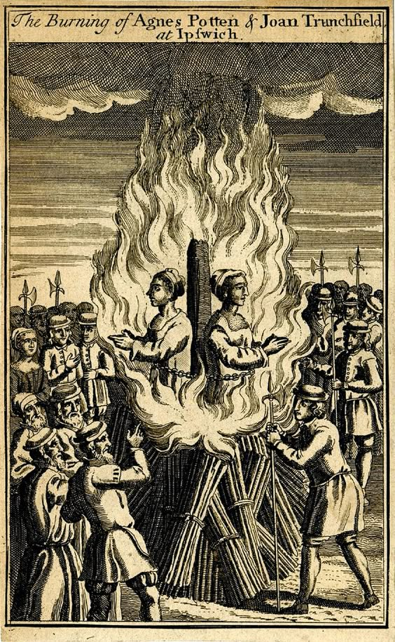 Burning of two women. etching. England c.1710-67. BM | Two protestant women chained to a stake in a burning pyre, surrounded by onlookers and guards, including a man in the right foreground, pointing at them; in a border; plate from a set; one quarter of a larger sheet.