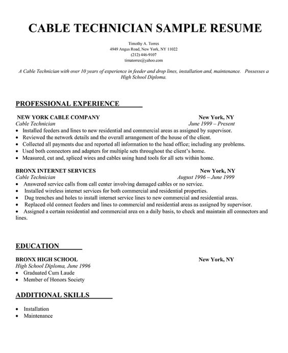 Cable Technician Resume Sample Resume Samples Across All - maintenance technician resume Cable Technician Resume Sample Resume Samples Across All - maintenance technician resume