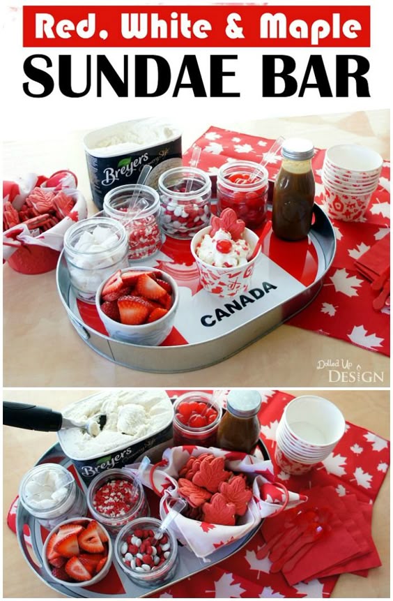 This Canada Day sundae bar has a fun Red, White and Maple theme perfect for celebrating Canada! Delicious ideas for toppings plus easy DIY decorating ideas.