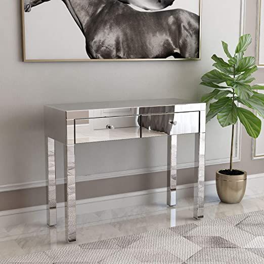Mecor Mirrored Console Table Occasional Sofa Side With 2 Drawers Silver Vanity Makeup Dressing E Entry Sofa Side Table Mirrored Console, Mirrored Sofa Side Table