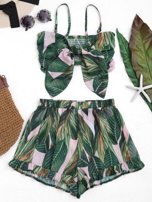 Bowknot Leaf Print Smocked Top With Ruffles Shorts - Floral - Floral S