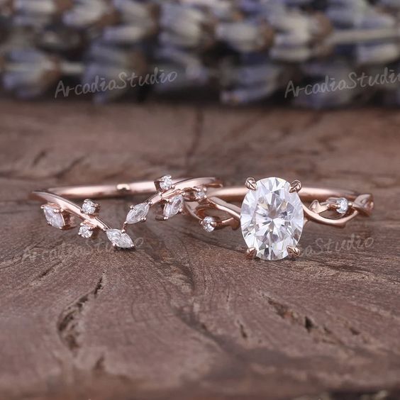 Vintage Oval Cut Moissanite Engagement Ring Set Uniqied Leaf - Etsy