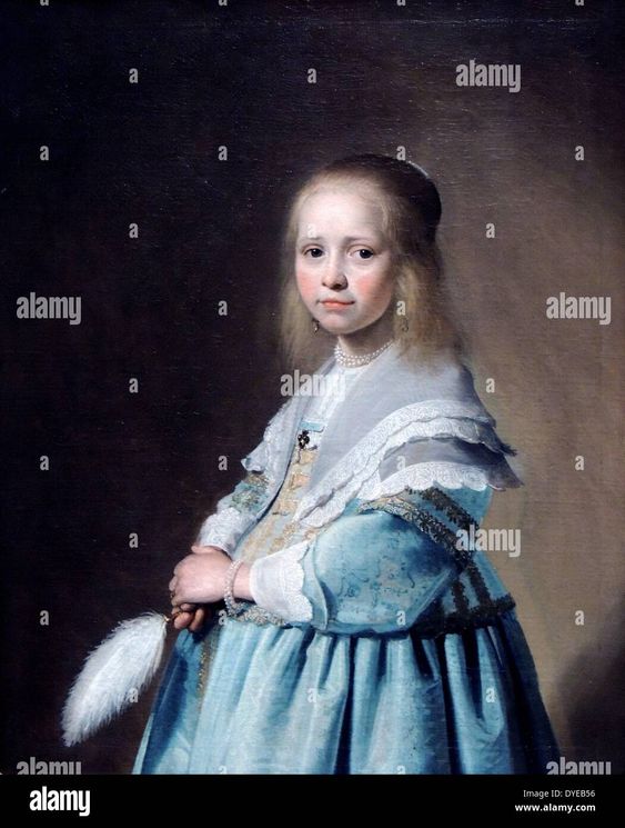 Download this stock image: Portrait of a Girl Dressed in Blue by Johannes Cornelisz Verspronck (c. 1600-1662) oil on canvas, 1641. depicts an adorable child dressed in her Sunday best? As was the custom of the day, the young girl is portrayed as a small adult lady. That she is playing a role is betrayed only by her facial expression. Unfortunately, we know nothing about her identity or her family. Perhaps she resided in Haarlem, like the portraitist Verspronck. - DYEB56 from Alamy\'s library of