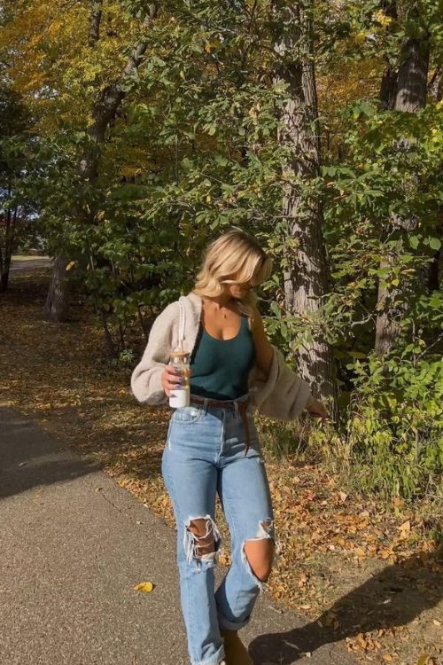 Nude Cardigan Over A Body-Hugging Tank Top + Distressed Jeans