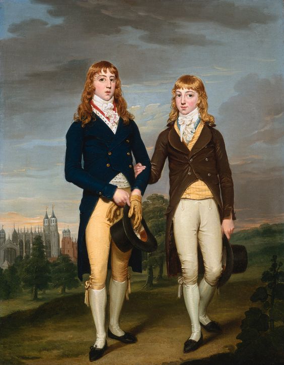 Portrait of Two Eton School Boys in Admontem Dress, Eton Chapel Behind - By: Francis Alleyne (1774 - 1790) - Francis Alleyne was a British portrait painter, usually on a small scale. He seems to have specialised in small, oval, three-quarter lengths, usually signed on the back, which look like middle class versions of Wheatley's more elegant small portraits.