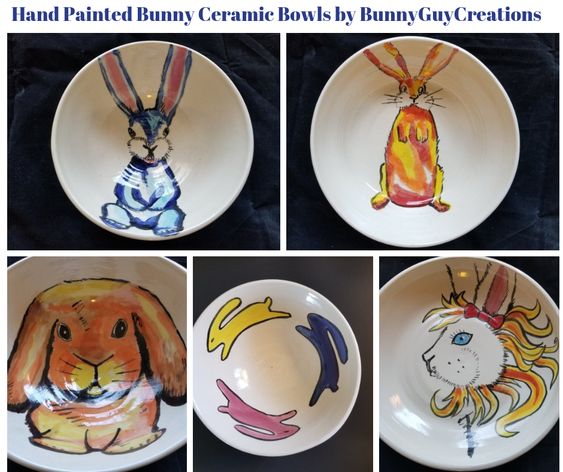 Hand Painted Bunny Ceramic Bowls by BunnyGuyCreations Hand Painted Bunny Ceramic Bowls by BunnyGuyCreations