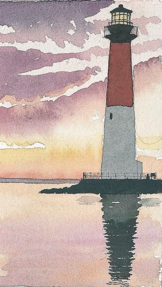 Reproduction of an original watercolor portrait view of Old Barney at sunset, reflected in the water, by Peter M. Mason. Featured in our Mid-Atlantic Lighthouses: Illustrated Map & Guide. MATTED ART PRINTS - Fit standard frames: ★ 4x7 print (1st photo) is matted to 8x10 inches. ★ 6x10 (2nd photo) is