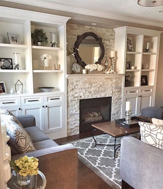 Farmhouse White Cabinents with Stone Fireplace- Cozy Living Room Ideas #RugsInLivingRoom