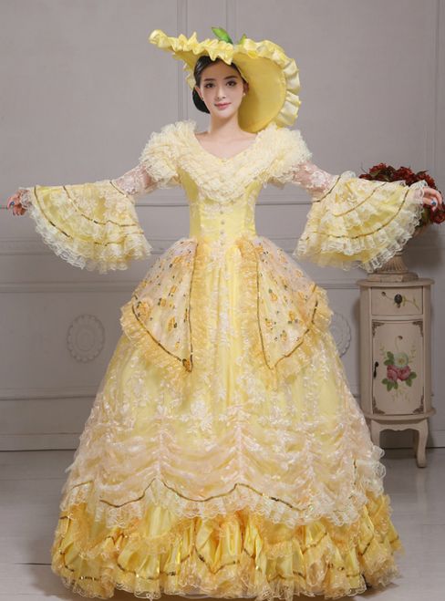 Yellow Ball Gown Lace Puff Sleeve Drama Show Vintage Gown Dress