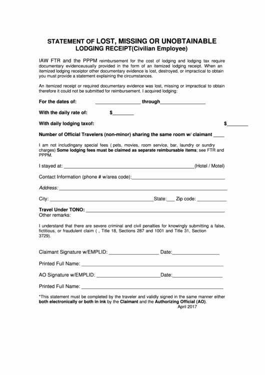 Lost Receipt Form Template Beautiful Statement Lost Missing Unobtainable Lodging Receipt Contract Template Job Posting Templates