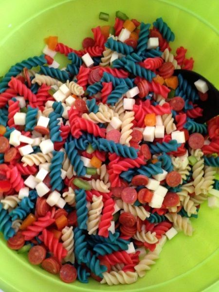 4th of July or Memorial Day pasta salad. Use red and blue food coloring in water when cooking the noodles.