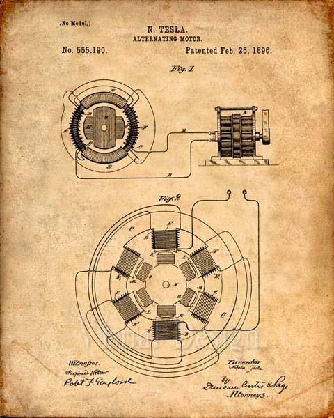 This is a print of the patent drawing for a Nikola Tesla AC Electric Motor patent in 1896. The original patent has been cl… | Tesla patents, Tesla inventions, Tesla